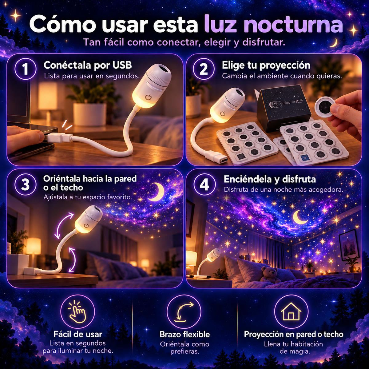 Luz Nocturna Proyectora de Estrellas y Galaxias